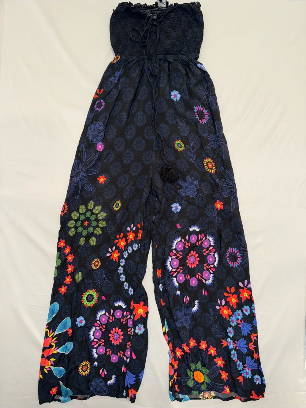 Desigual Strapless Wide Leg Jumpsuit Boho Floral Mandala Tassel Size S